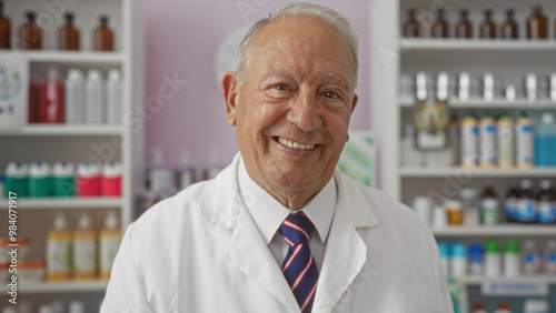 Smiling elderly grey-haired man in a white coat inside a pharmacy room filled with medicine bottles and products.