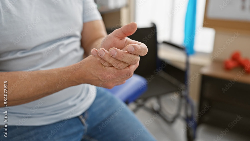 Close-up of a middle-aged man's hands in a rehabilitation clinic room, implying healthcare and recovery. Close-up of a middle-aged man's hands in a rehabilitation clinic room, implying healthcare and recovery.