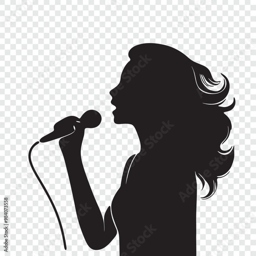 a woman singing into a microphone with a silhouette of a woman singing.