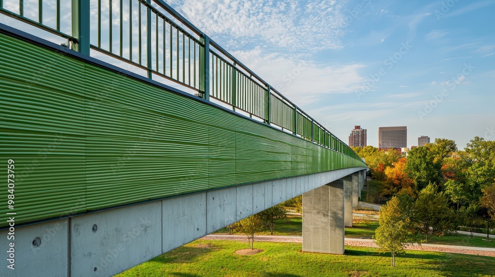 An eco-friendly bridge connecting two city parks, with structural elements clad in green-colored fiber cement siding to enhance its visual integration into the landscape An eco-friendly bridge connecting two city parks, with structural elements clad in green-colored fiber cement siding to enhance its visual integration into the landscape