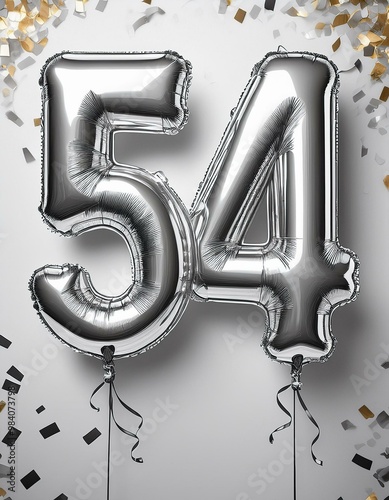 Silver birthday / anniversary balloon, number 54, white background with confetti photo