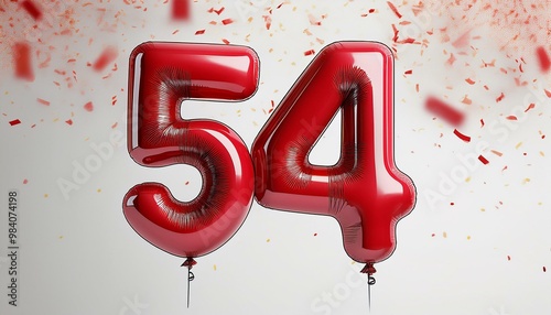 Red birthday / anniversary balloon, number 54, white background with confetti photo