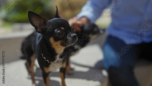 A man gently strokes his two chihuahuas in an urban park, showcasing a serene outdoor moment with pets in a city environment.