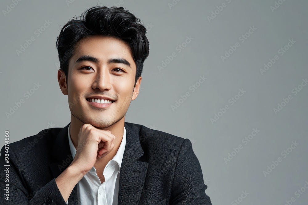 Portrait of handsome Asian businessman in suit looking at camera and smiling while sitting in studio with grey background. Close-up shot with studio lighting in,generated ai. Portrait of handsome Asian businessman in suit looking at camera and smiling while sitting in studio with grey background. Close-up shot with studio lighting in,generated ai.