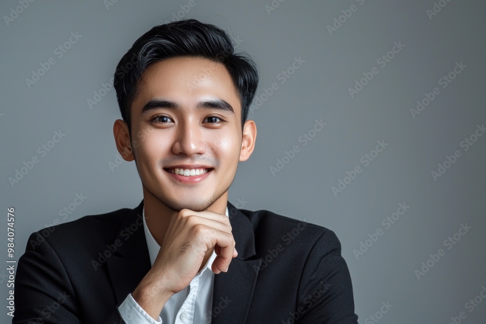 Portrait of handsome Asian businessman in suit looking at camera and smiling while sitting in studio with grey background. Close-up shot with studio lighting in,generated ai. Portrait of handsome Asian businessman in suit looking at camera and smiling while sitting in studio with grey background. Close-up shot with studio lighting in,generated ai.