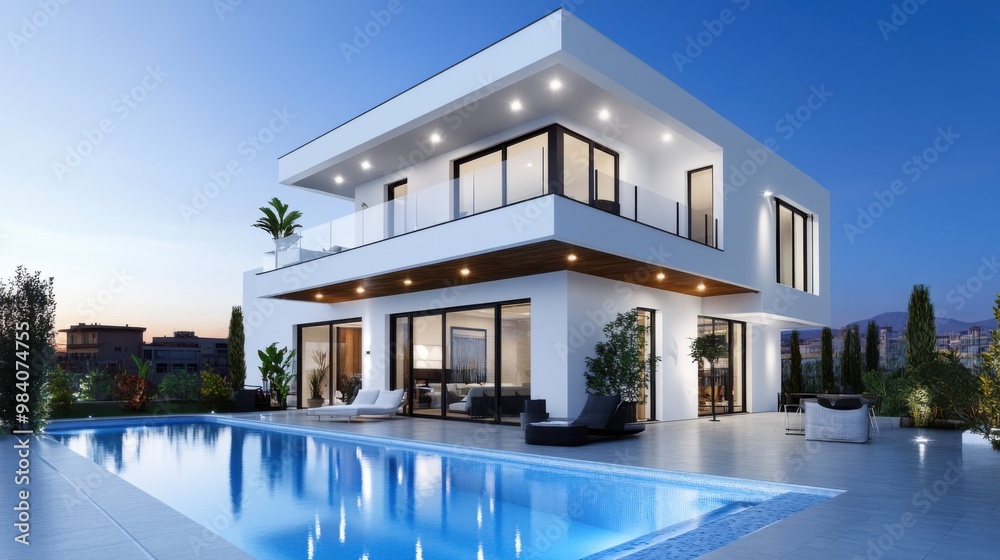 Fototapeta premium Modern Luxury Villa with Pool at Dusk