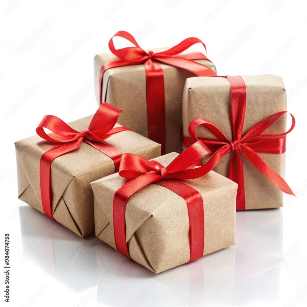 Eco-Friendly Christmas Gift Boxes with Red Ribbons on White Background