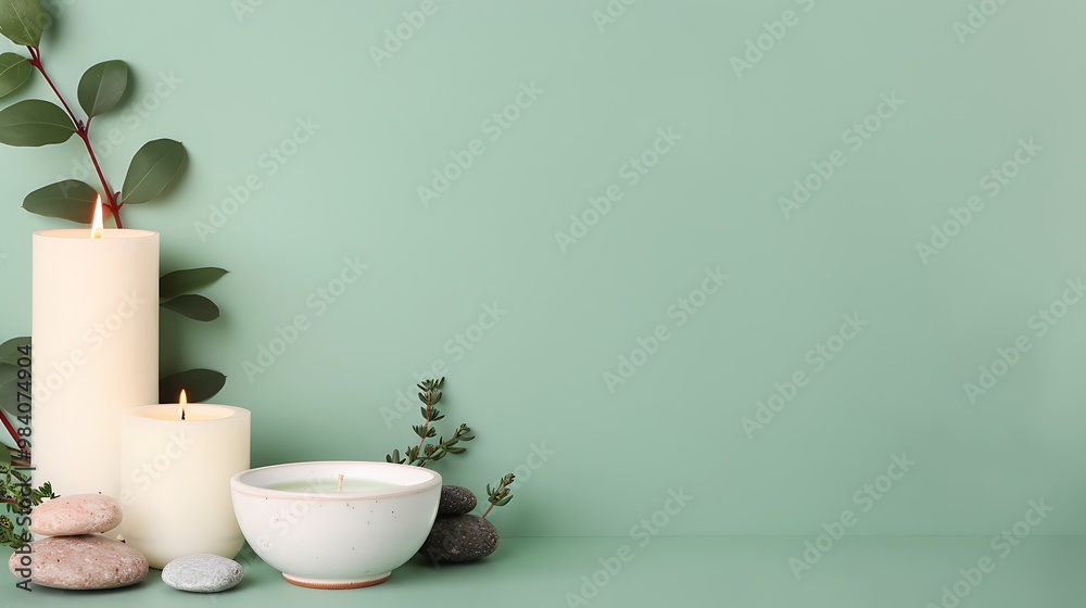 Burning Candles  Stones  and Greenery on Green Background