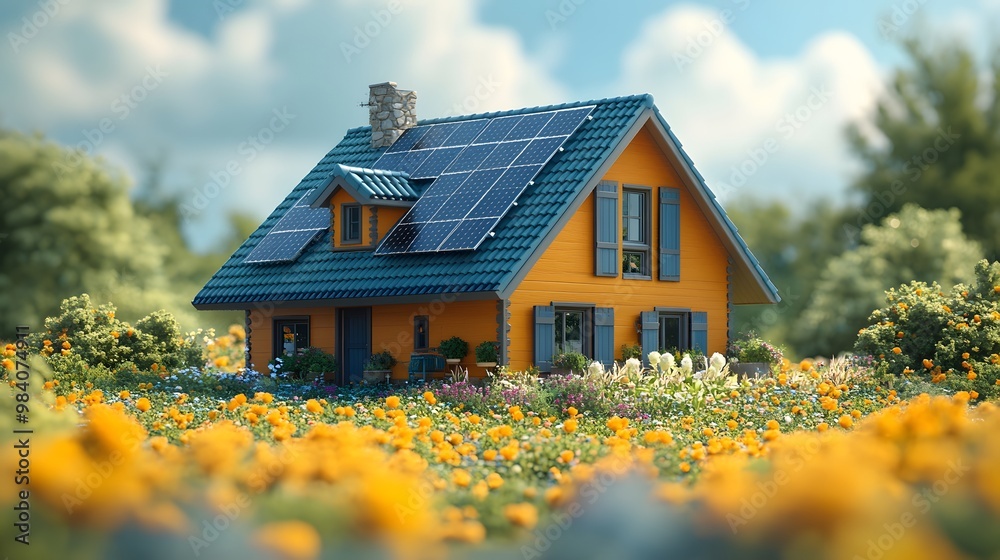 A modern eco-friendly home featuring solar panels, illustrated in cheerful 3D cartoon animation, with the focus on sustainability and clean energy. A modern eco-friendly home featuring solar panels, illustrated in cheerful 3D cartoon animation, with the focus on sustainability and clean energy.