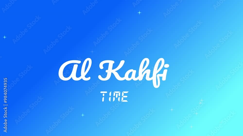 animate al kafh'surah with blue light gradient background,  simple concept and blink star effect 