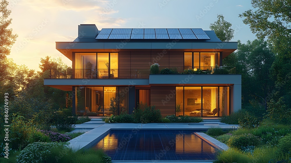 A vibrant scene of a modern house with solar panels on the roof, surrounded by lush green landscape, depicted in 3D cartoon animation for a dynamic look. A vibrant scene of a modern house with solar panels on the roof, surrounded by lush green landscape, depicted in 3D cartoon animation for a dynamic look.