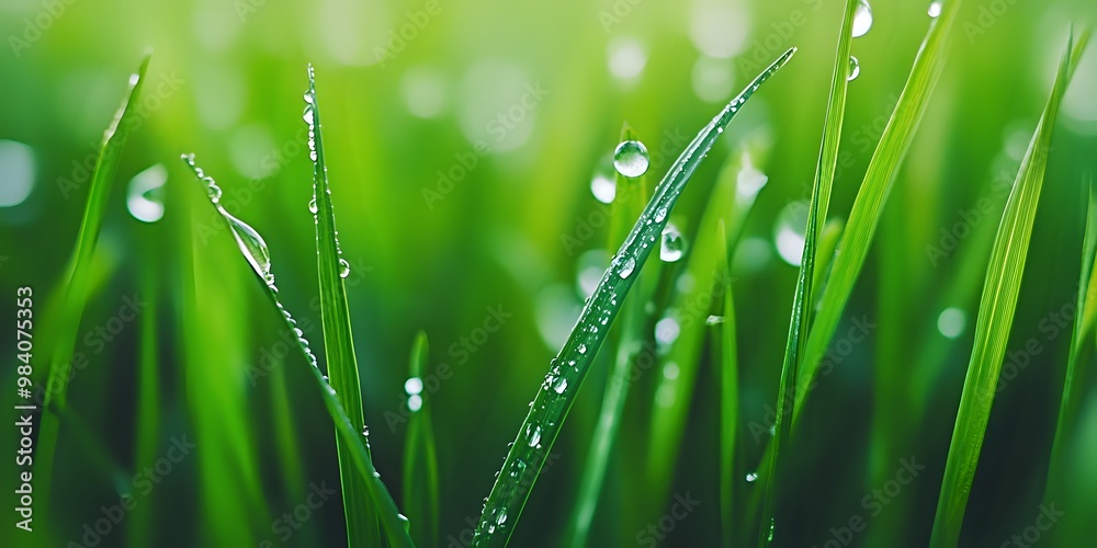 Fototapeta premium Close up of dew drops on blades of grass.