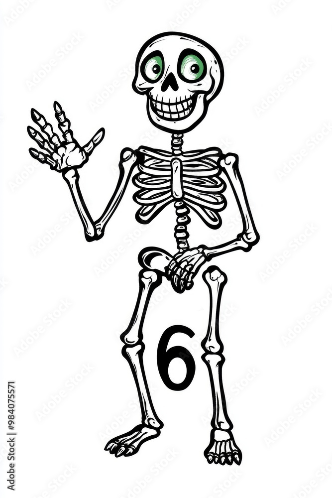 Cartoon Skeleton With Green Eyes And Number 6 Cartoon Skeleton With Green Eyes And Number 6