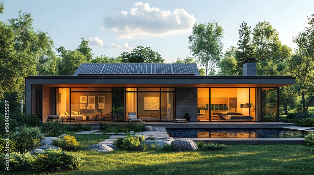 A modern home powered by solar panels, with a clear sky and green trees in the background, brought to life in colorful 3D cartoon animation.