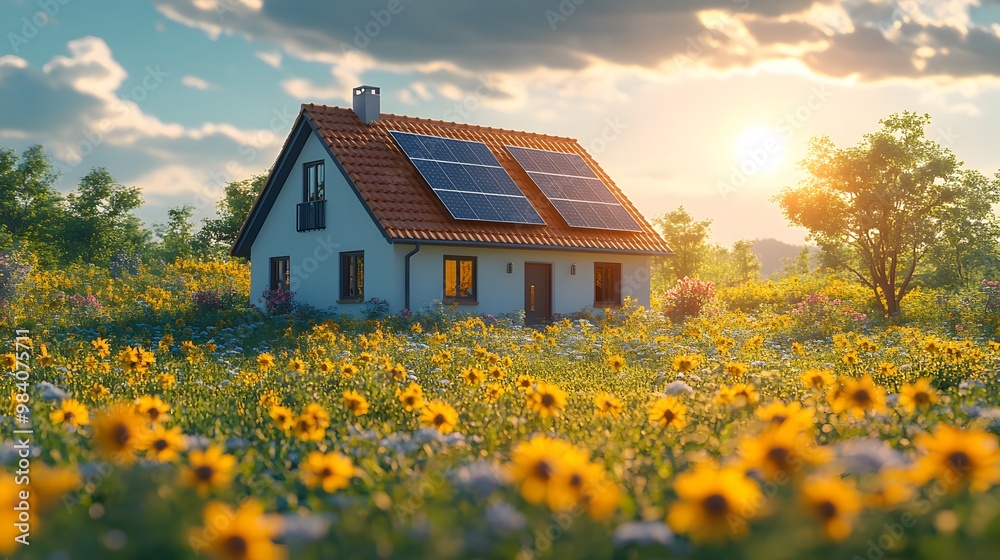 A futuristic house using solar panels for energy, illustrated in bright 3D cartoon animation with a sunny background and a focus on clean, renewable energy. A futuristic house using solar panels for energy, illustrated in bright 3D cartoon animation with a sunny background and a focus on clean, renewable energy.