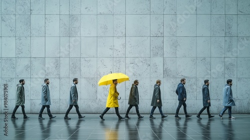 Person in Yellow Walking Against the Crowd with Umbrella, Concept of Individuality and Nonconformity