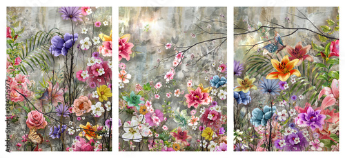 painting collection Modern abstract art colorful flowers  painting. Spring multicolored illustration Decoration for the interior.