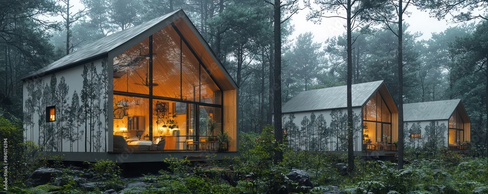 An eco-tourism resort where each cabin is clad in fiber cement siding printed with forest motifs, blending the structures into the woodland landscape while ensuring longevity An eco-tourism resort where each cabin is clad in fiber cement siding printed with forest motifs, blending the structures into the woodland landscape while ensuring longevity