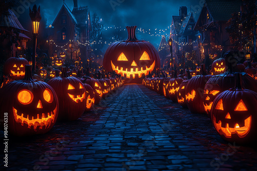 Illuminated jack-o'-lanterns line a quaint street, creating a spooky and festive Halloween ambiance with glowing pumpkins and twinkling lights.