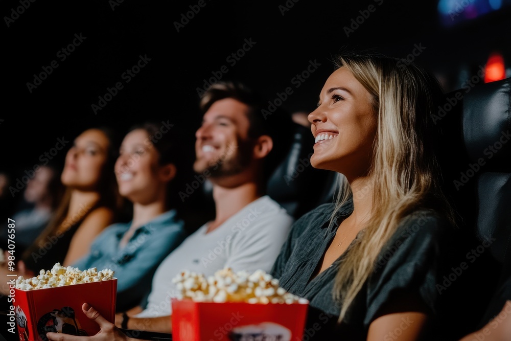 A group of people in a movie theater, enjoying a film with popcorn in hand A group of people in a movie theater, enjoying a film with popcorn in hand