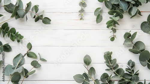 Frame border of eucalyptus branches isolated on white wood background. lie flat, top view