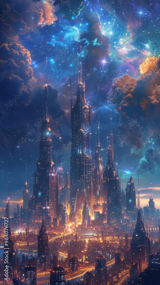 Fototapeta premium Futuristic skyline with skyscrapers, dreamy atmosphere and the stars that shine, combining technology and pure beauty, generative AI