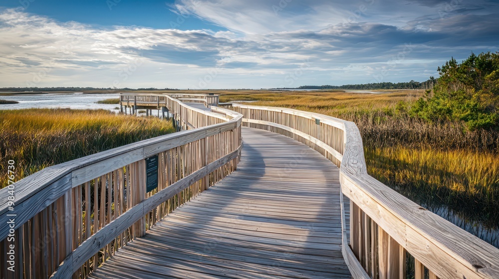 An elegant wooden boardwalk meandering through a coastal marsh, featuring viewing platforms and educational signage An elegant wooden boardwalk meandering through a coastal marsh, featuring viewing platforms and educational signage