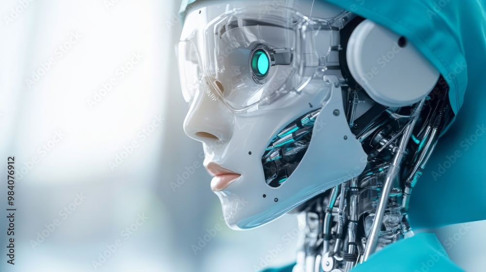 Futuristic robot with a sleek design, showcasing advanced technology and a human-like expression, ideal for science fiction themes.