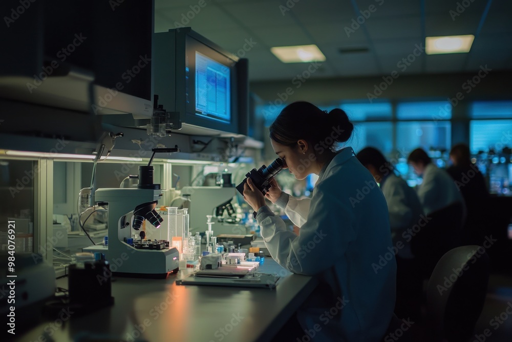 A group of scientists working in a high-tech laboratory, focused on using advanced A group of scientists working in a high-tech laboratory, focused on using advanced