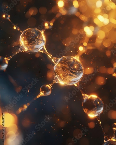 Realistic depiction of four oversized water molecules in a warm atmospheric setting, highlighting detailed molecular structures and warm lighting effects with ample copy space, photo