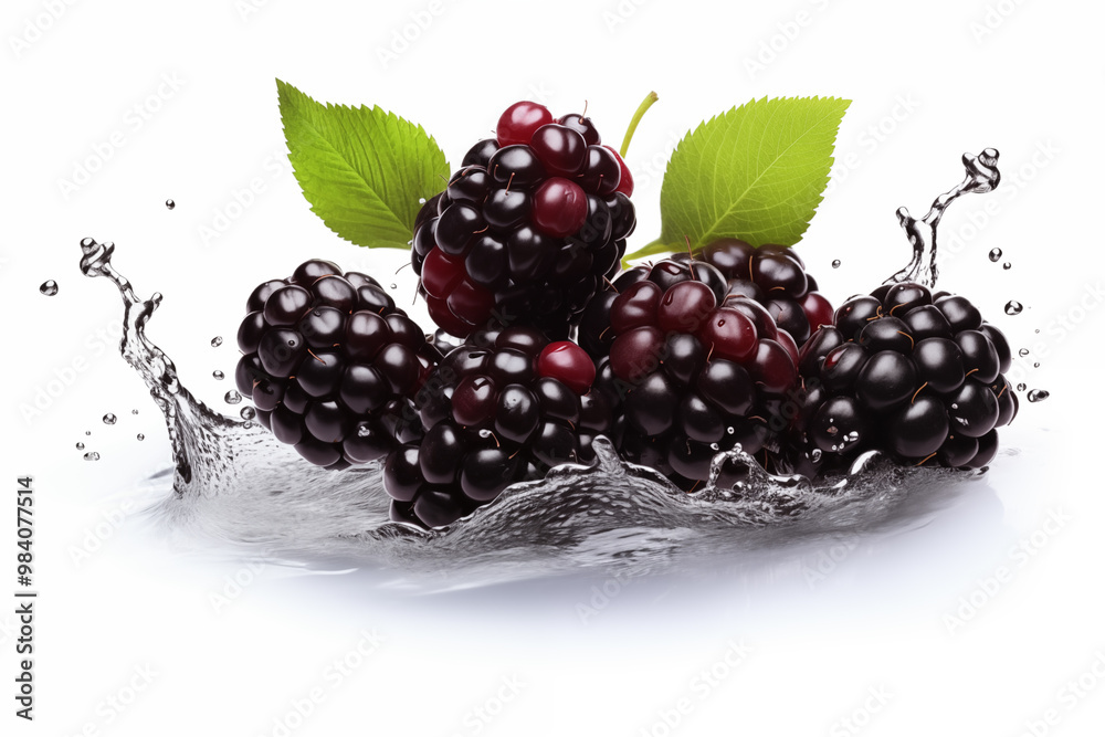 Fresh whole blackberries with two green leaf fall drop into water with splash isolated on white background Fresh whole blackberries with two green leaf fall drop into water with splash isolated on white background
