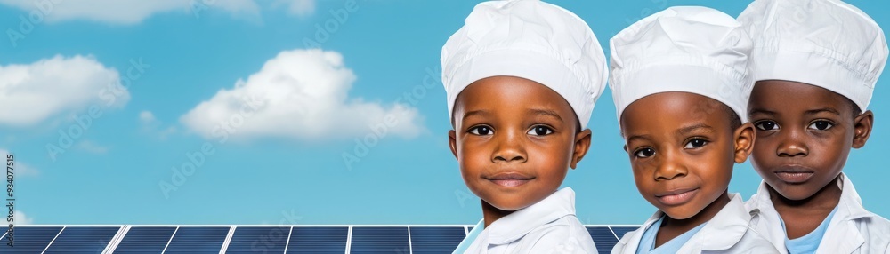 Three young chefs with smiles, wearing white hats, stand proudly against a backdrop of solar panels and a blue sky. Three young chefs with smiles, wearing white hats, stand proudly against a backdrop of solar panels and a blue sky.