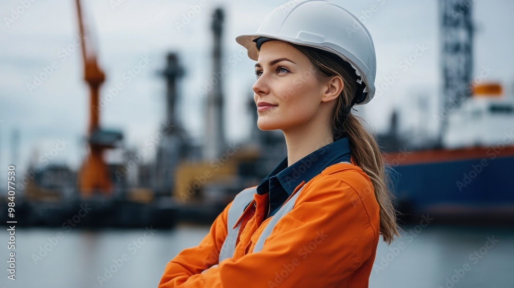 Confident female worker at industrial site with helmet