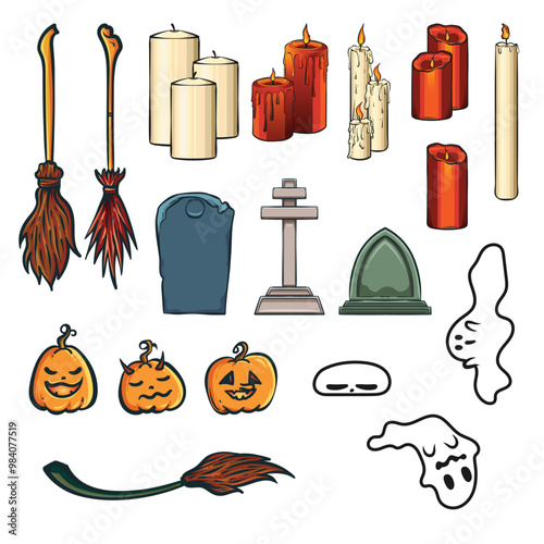 A set of illustrations for the Halloween event. Doodle art about Halloween. Funny illustrations of Halloween. Illustrations of ghosts, graveyards, broomsticks, pumpkins and candles.