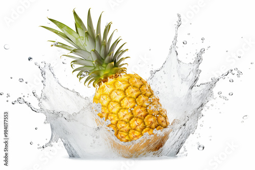 Single Pineapple fall into water splash isolated on a white background