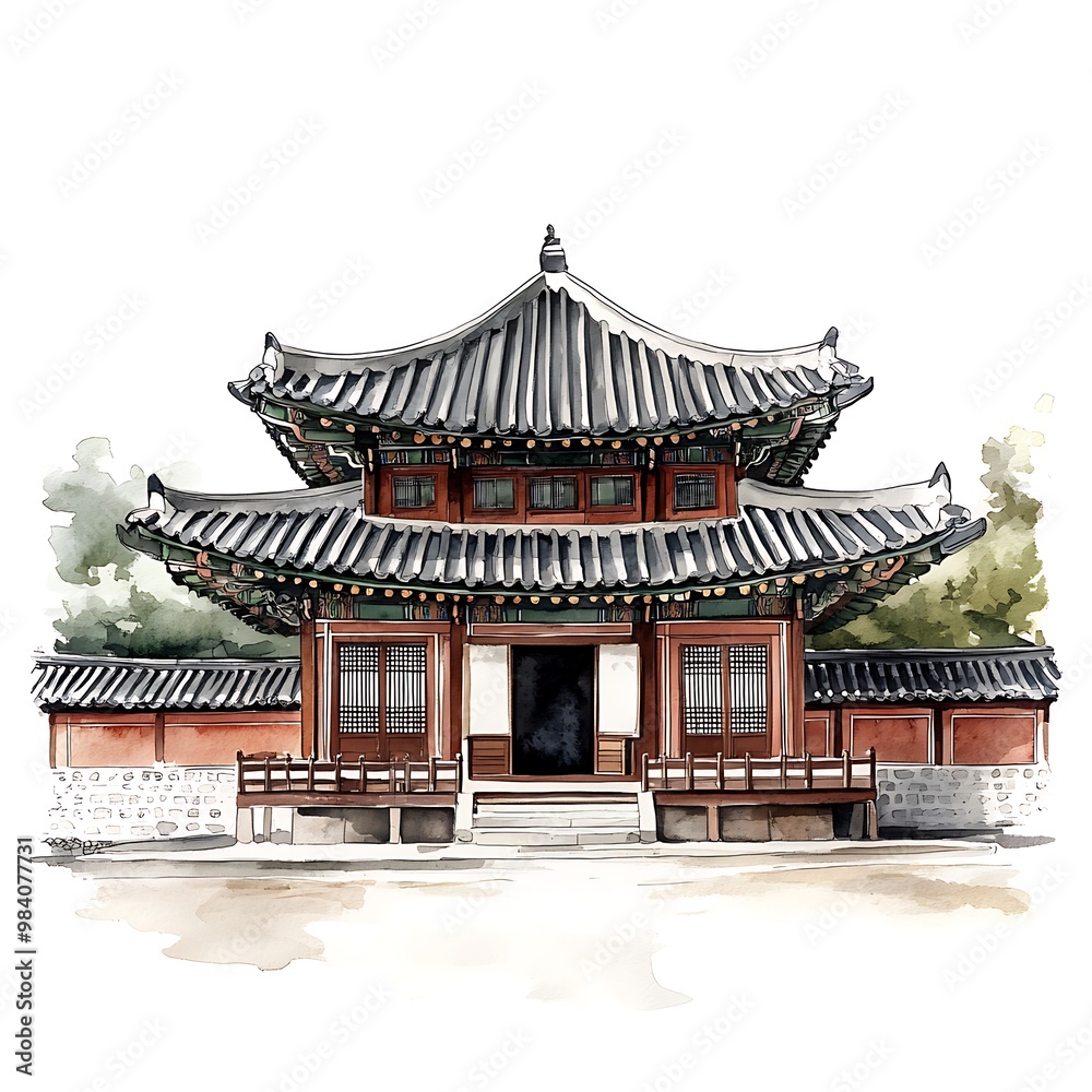 Fototapeta premium Traditional Korean Architecture Watercolor Illustration.