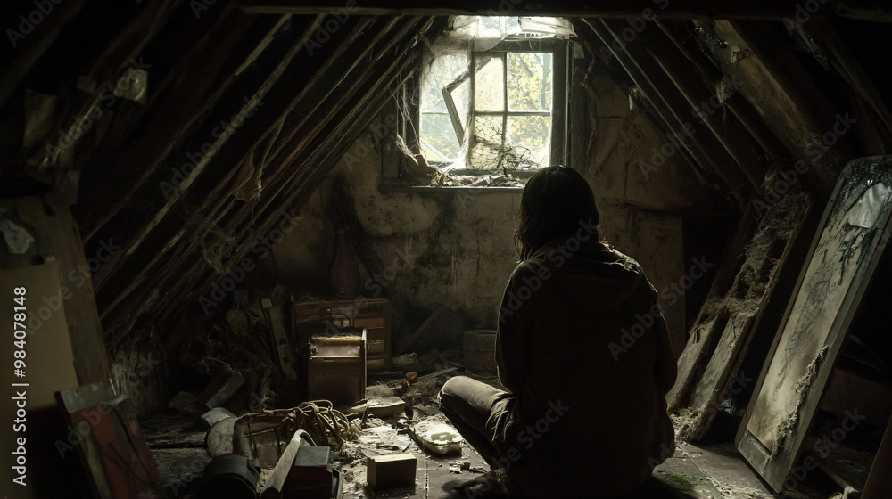 A visual of a person in a dimly lit attic, surrounded by old, forgotten items, with a sorrowful and reflective expression. A visual of a person in a dimly lit attic, surrounded by old, forgotten items, with a sorrowful and reflective expression.
