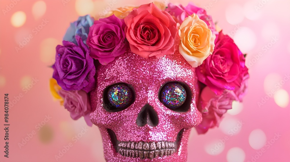 Pink Glitter Skull with Rose Wreath and Bokeh Lights Pink Glitter Skull with Rose Wreath and Bokeh Lights