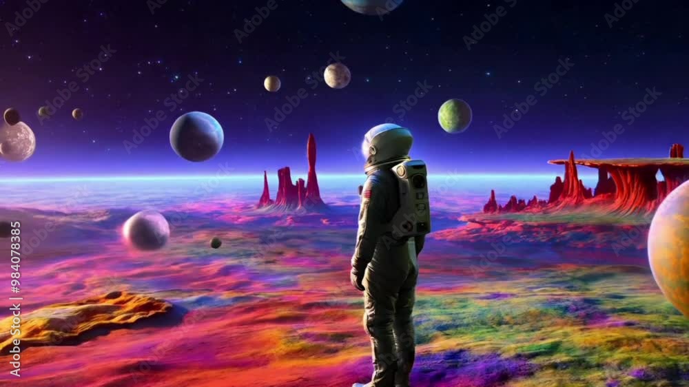 astronaut gazes at planets from a stunning, vibrant alien world astronaut gazes at planets from a stunning, vibrant alien world