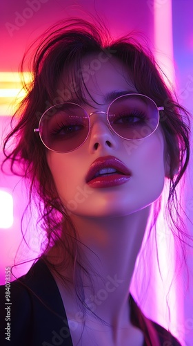 A young woman with dark hair and wearing round sunglasses looks intently at the camera in front of a vibrant pink neon background.