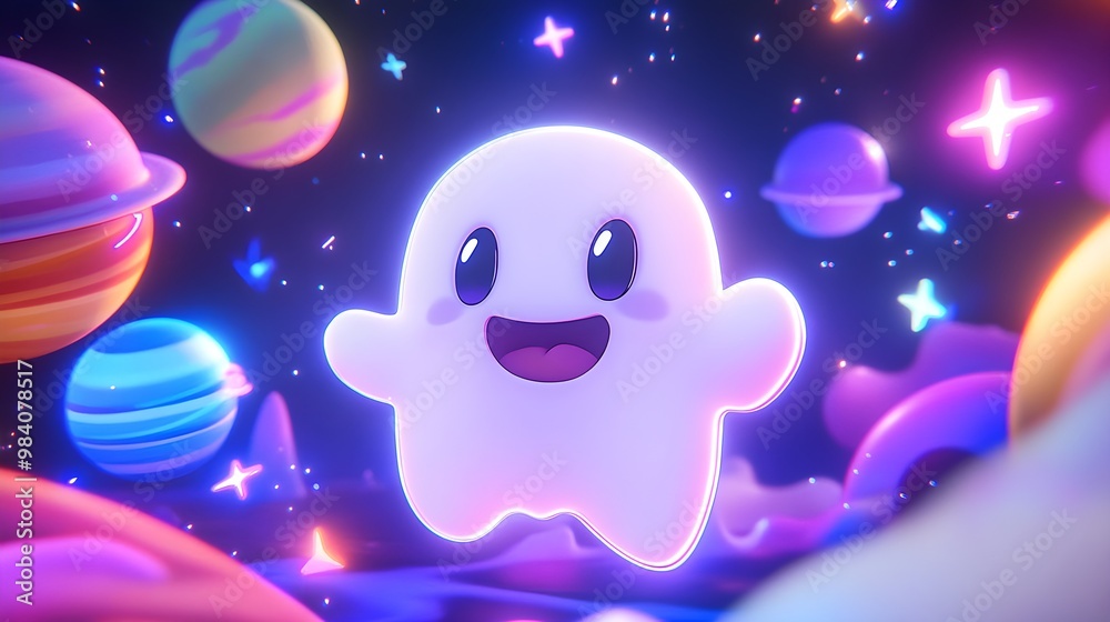 Cute Glowing Ghost in Space with Planets and Stars Cute Glowing Ghost in Space with Planets and Stars