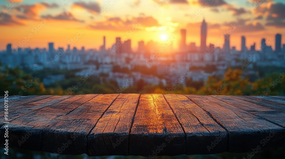 High-Angle View of Wooden Tabletop with Blurred Cityscape Background at Sunset, Featuring Modern Urban Skyline and Bokeh Effect for Product Display or Montage
High-Angle View of Wooden Tabletop with Blurred Cityscape Background at Sunset, Featuring Modern Urban Skyline and Bokeh Effect for Product Display or Montage