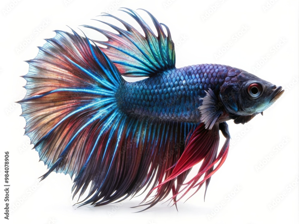 Fototapeta premium Colorful Siamese Fighting Betta Fish with Beautiful Silk Tail Isolated on White Background