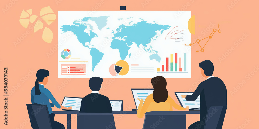 Fototapeta premium vector illustration of a company presentation. office work. world map in the background. business work. work colleagues. laptop presentation . discussion between work colleagues