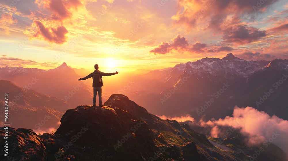 A visual of a person feeling joy while watching a beautiful sunrise from a mountaintop. A visual of a person feeling joy while watching a beautiful sunrise from a mountaintop.