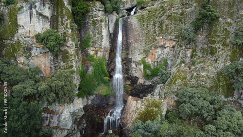 Bild auf Leinwand Aerial View of El Chorro de la Ventera in Spain, Waterfall and Vultures