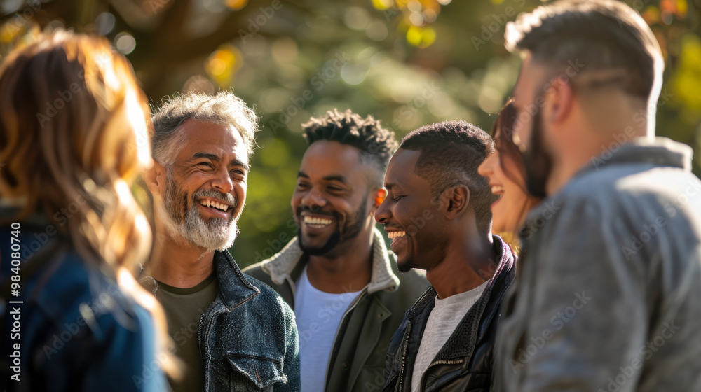 Obraz premium Portrait of happy adult friends walking in the park at sunset. A group of beautiful people spending time together outdoors.
