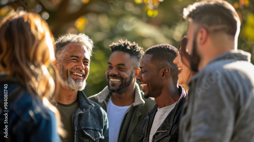 Portrait of happy adult friends walking in the park at sunset. A group of beautiful people spending time together outdoors.