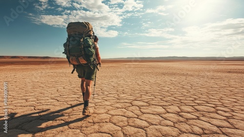Wallpaper Mural A traveler walks across a dry, cracked landscape under a bright sun, showcasing solitude and adventure in a vast, arid terrain. Torontodigital.ca