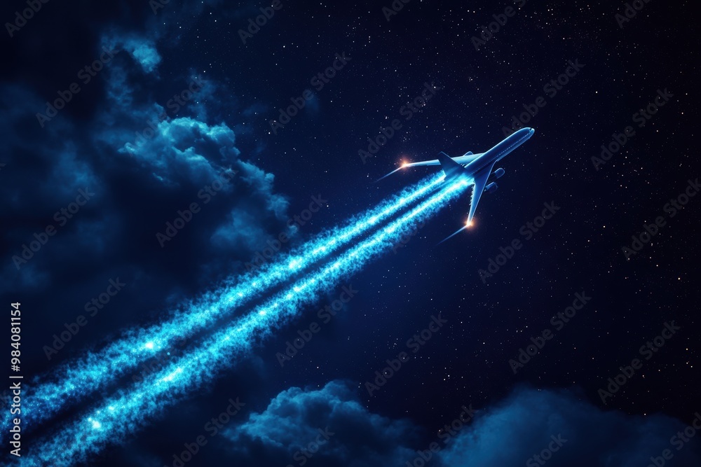 A high-speed airplane cutting through the night sky, leaving behind a vibrant blue contrail A high-speed airplane cutting through the night sky, leaving behind a vibrant blue contrail